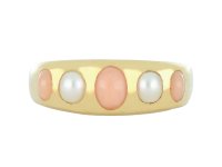 coral and pearl five stone gypsy ring, circa 1880. hatton garden