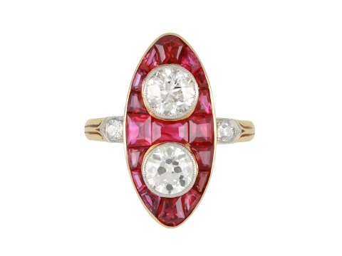 Victorian marquise ruby and diamond ring, circa 1900. 