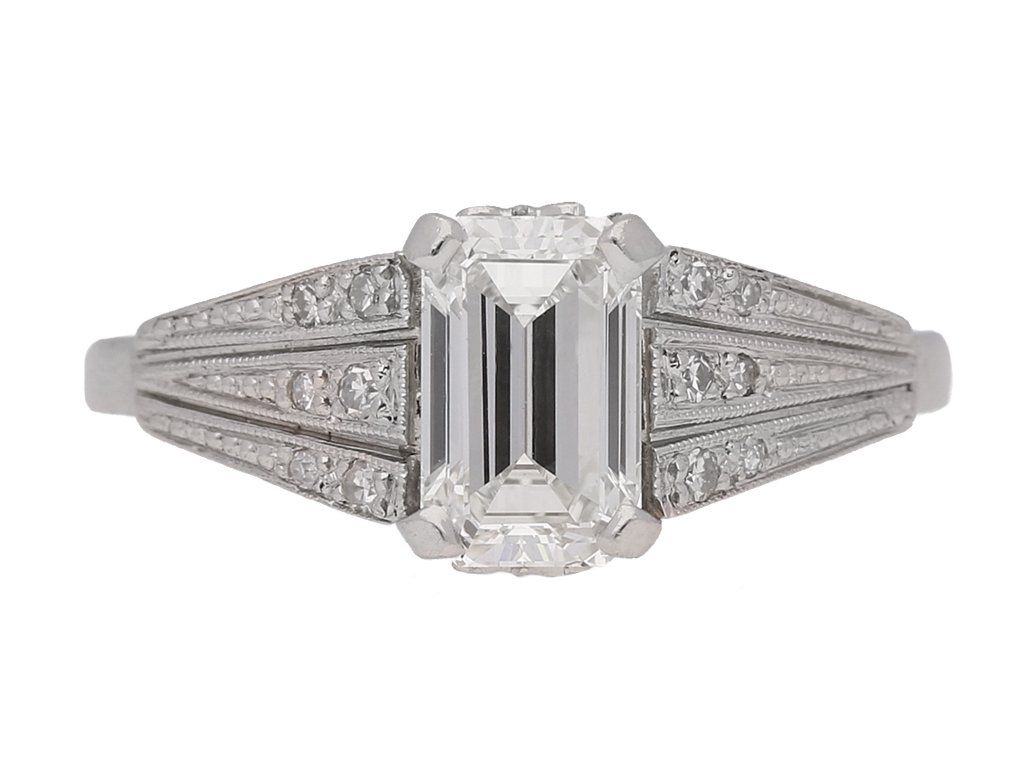 front view Art Deco emerald cut diamond ring, circa 1935.