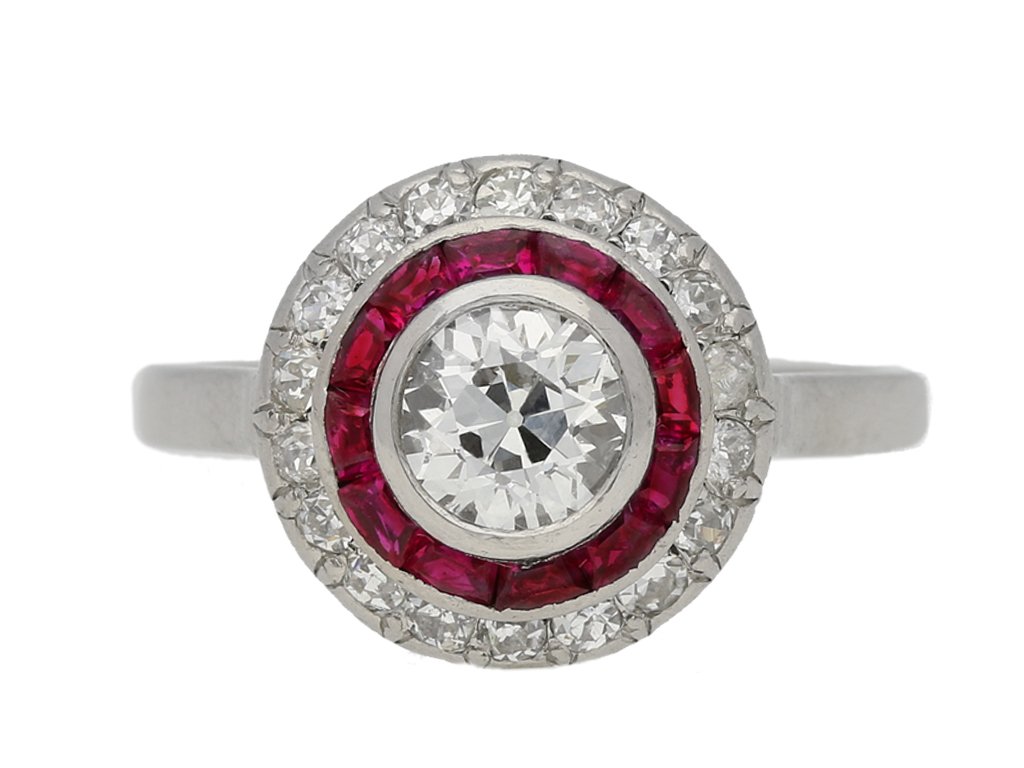 front view Antique diamond ruby target ring berganza hatton garden