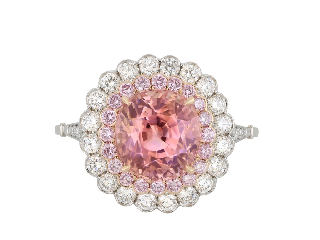 Padparadscha Ceylon sapphire diamond cluster ring hatton garden