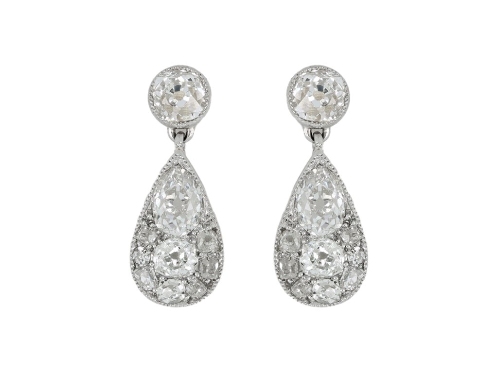 Diamond drop earrings, circa 1910. hatton garden