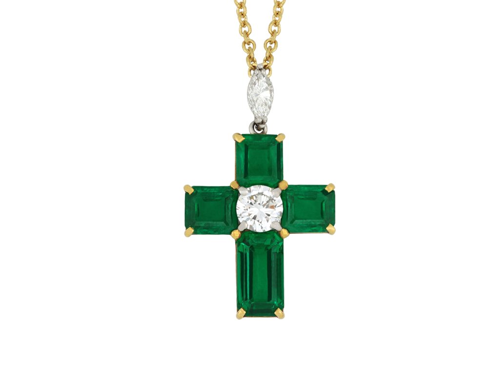 Colombian emerald diamond cross pendant, circa 1970 hatton garden