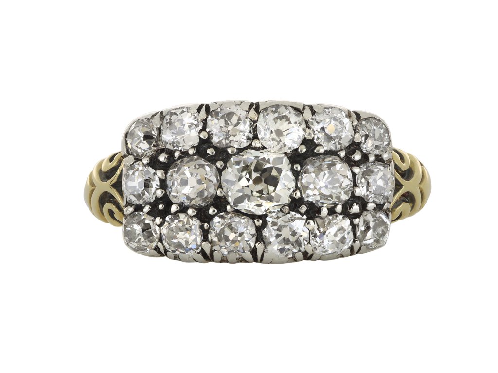 Victorian Diamond three row cluster ring, circa 1890.