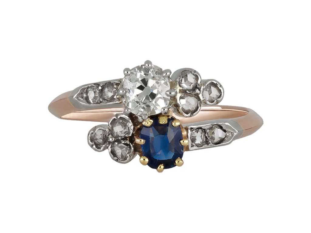 Sapphire and diamond crossover ring, circa 1910. Hatton Garden