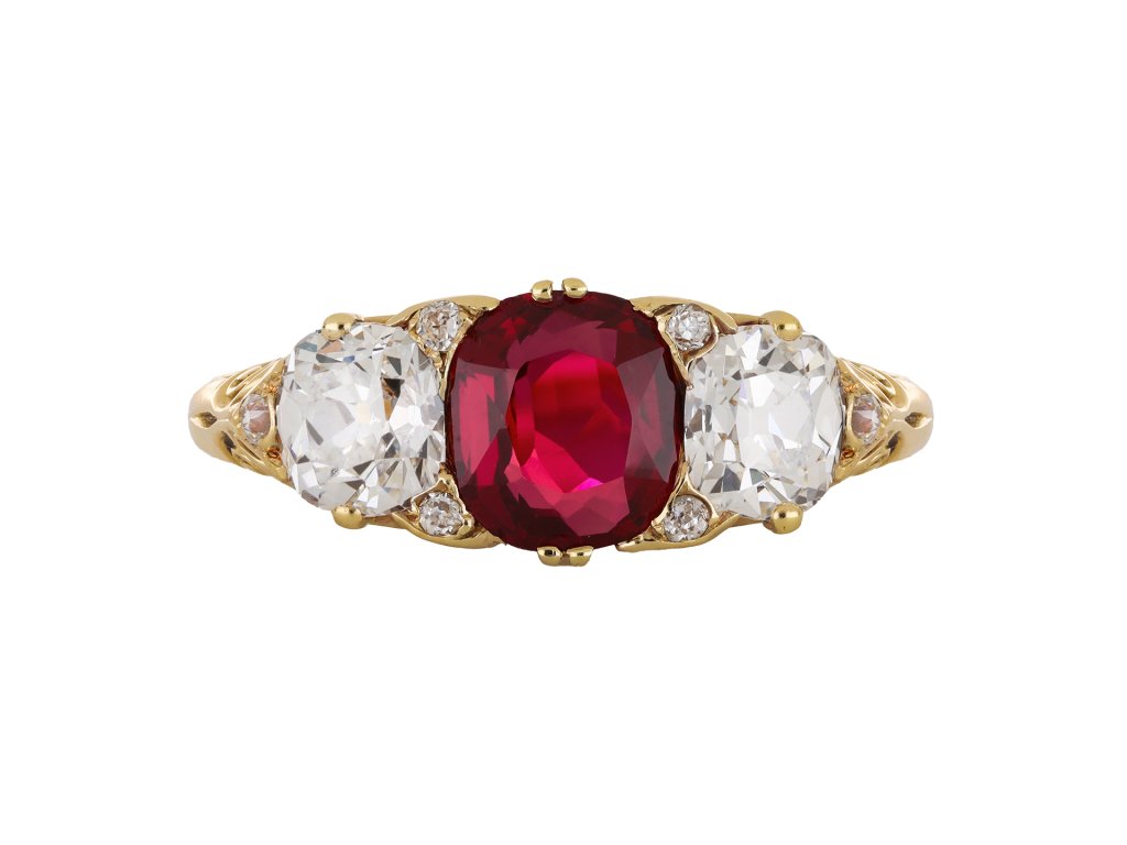 Victorian ruby and diamond three stone ring. hatton garden