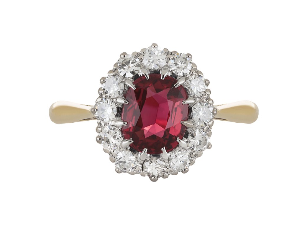 Vintage ruby and diamond coronet cluster ring,  hatton garden