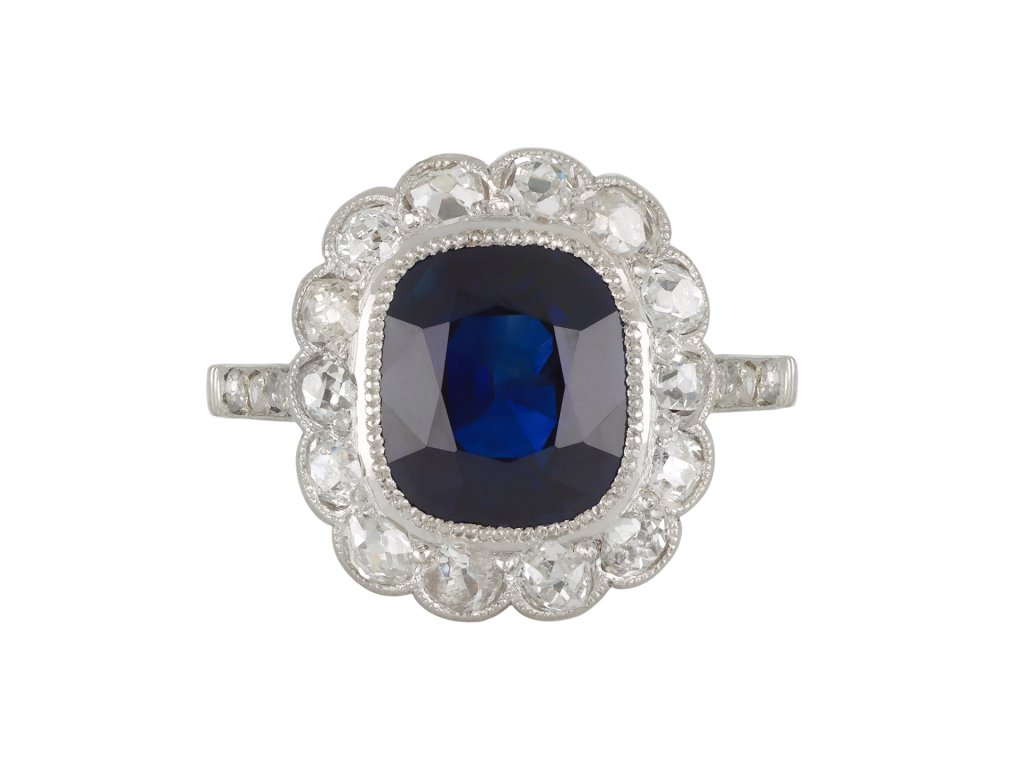 Sapphire and diamond coronet cluster ring, circa 1920.