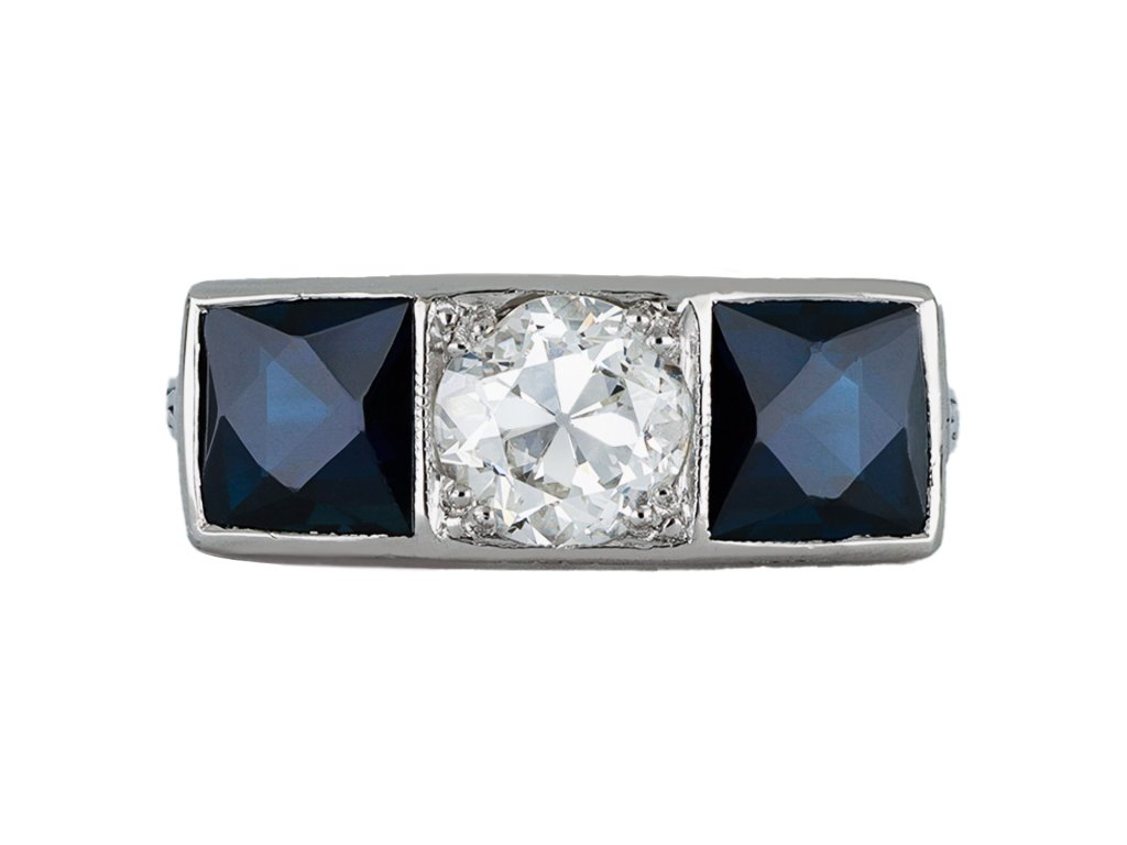 Art Deco diamond and sapphire three stone ring, circa 1920. hatton garden