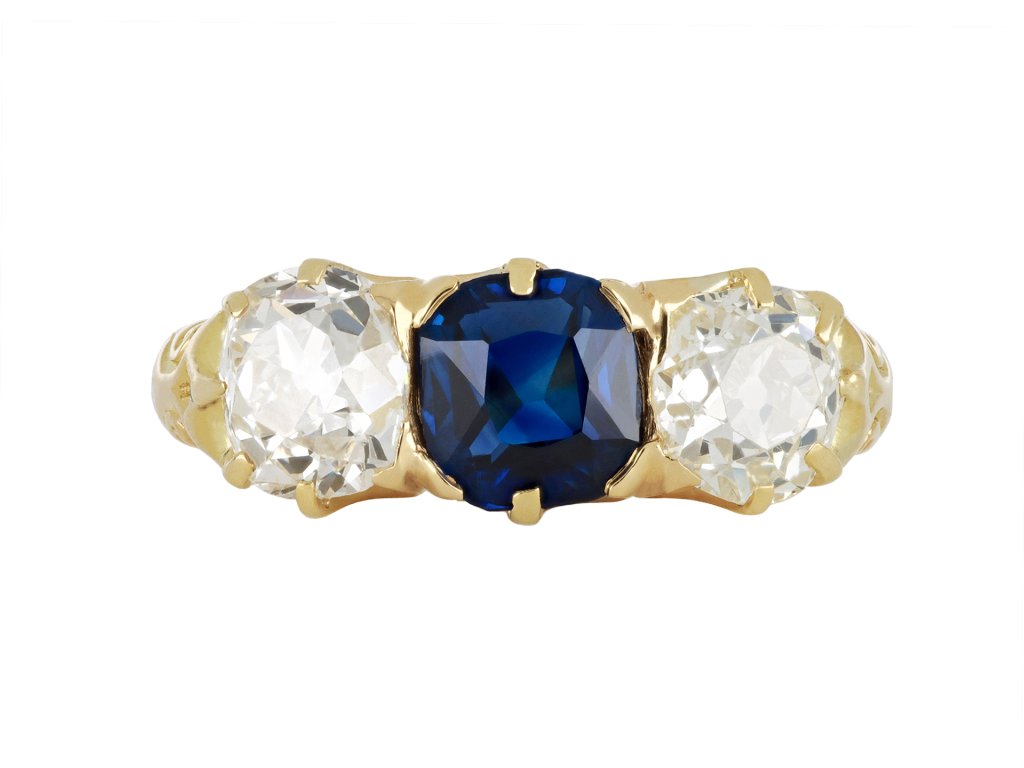 Victorian sapphire and diamond three stone ring, circa 1890.