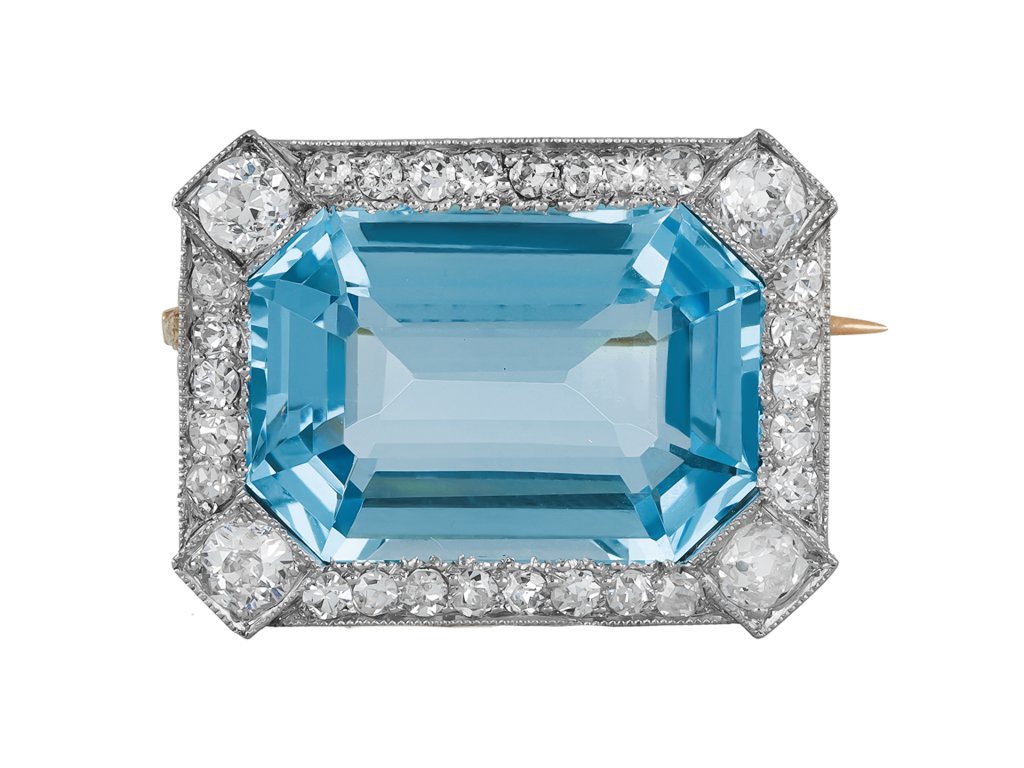 Aquamarine and diamond brooch, circa 1915. hatton garden