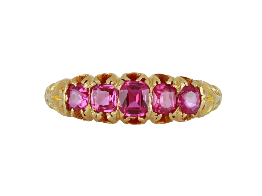 Victorian ruby five stone ring, circa 1900. 