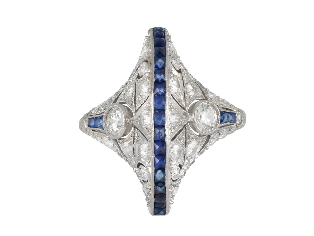 Art Deco Egyptian Revival sapphire and diamond ring, circa 1935. 