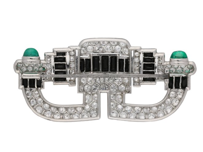 Art Deco onyx, diamond emerald brooch berganza hatton garden