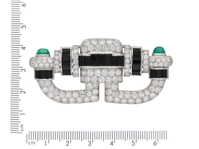 Art Deco onyx, diamond emerald brooch berganza hatton garden