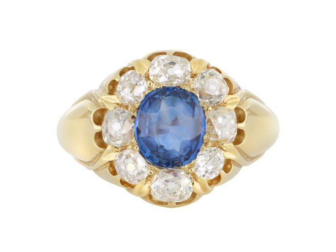 Antique Ceylon sapphire and diamond coronet cluster ring