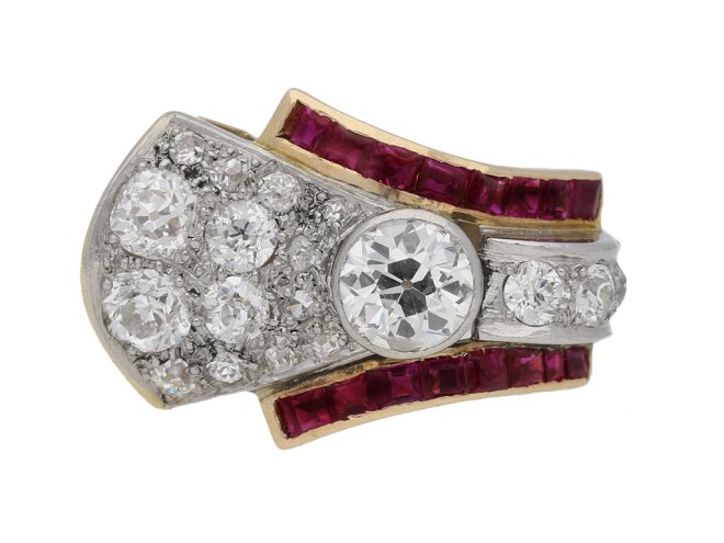 front view Diamond and ruby cocktail ring, circa 1940.