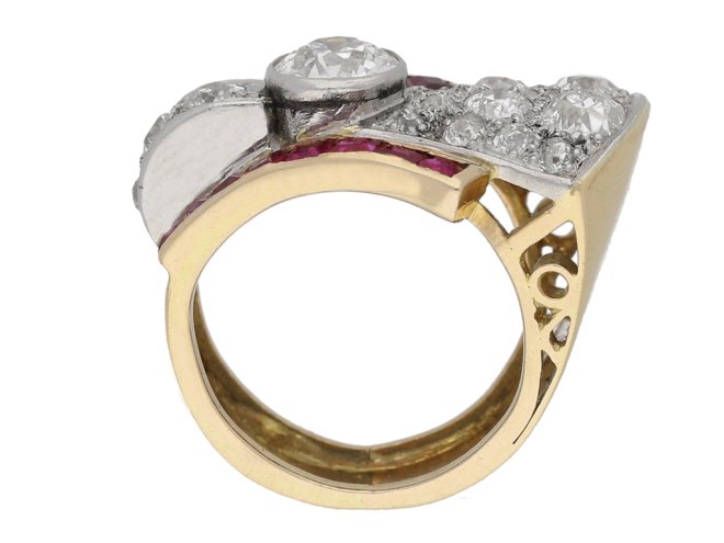 Diamond and ruby cocktail ring, circa 1940.