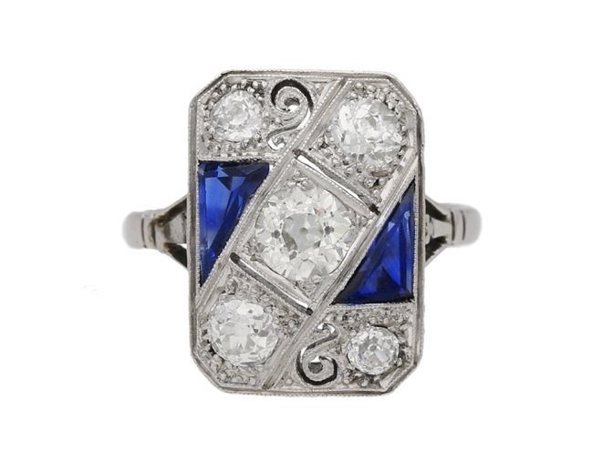 front view Art deco synthetic sapphire and diamond ring, circa 1930. 