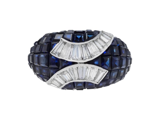 Invisible set sapphire and diamond ring, French. hatton garden