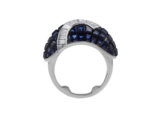 Invisible set sapphire and diamond ring, French. hatton garden