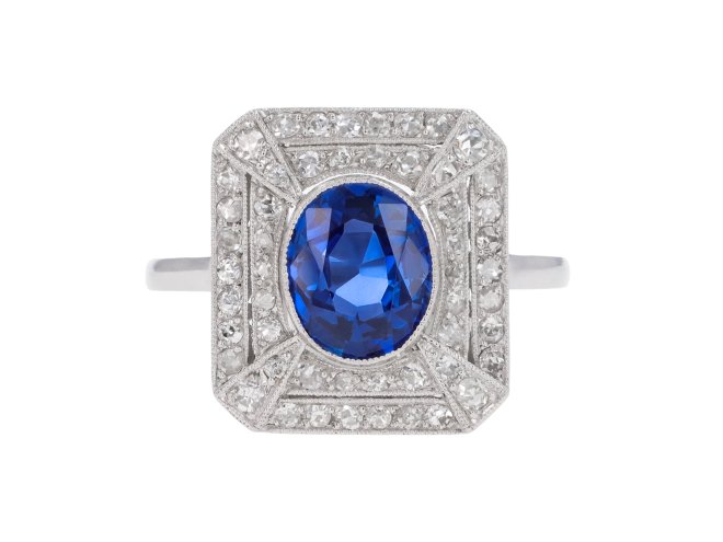 Ceylon sapphire and diamond octagonal cluster ring, French