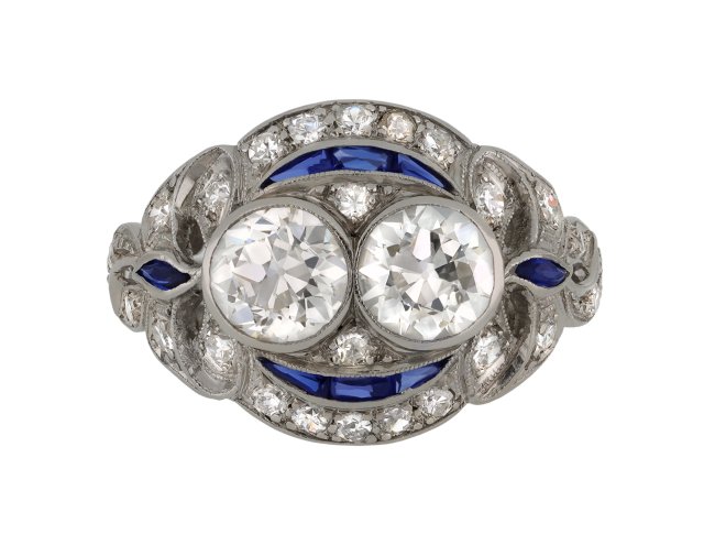 Two stone diamond and synthetic sapphire cluster ring, circa 1920.