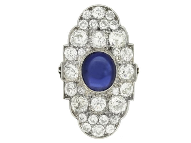 front view Cabochon Burmese sapphire and old cut diamond cluster ring