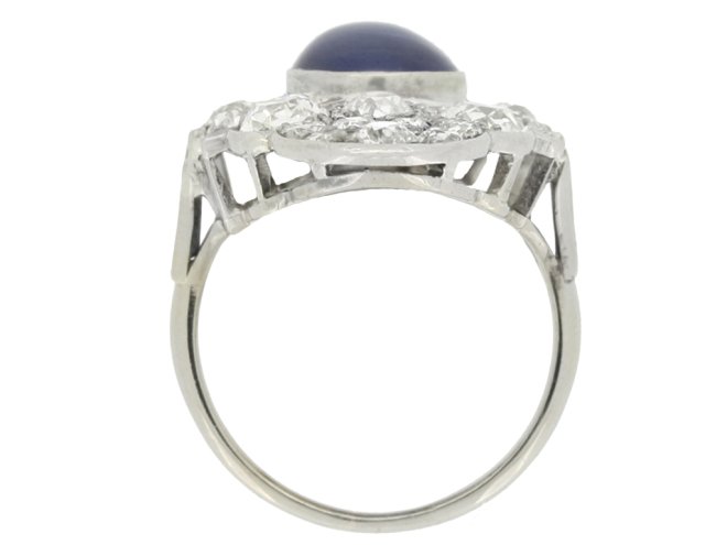 back view Cabochon Burmese sapphire and old cut diamond cluster ring