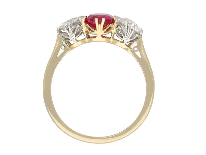 Edwardian Burmese ruby and diamond three stone ring, circa 1910. Hatton Garden