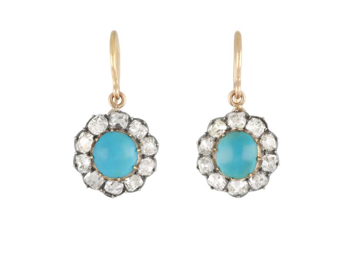 Victorian turquoise and diamond cluster earrings, circa 1890.