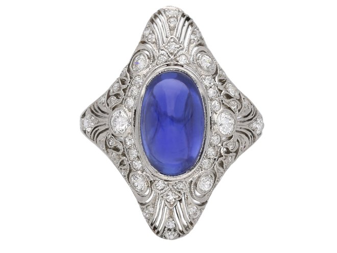 Cabochon Ceylon sapphire diamond ring berganza hatton garden