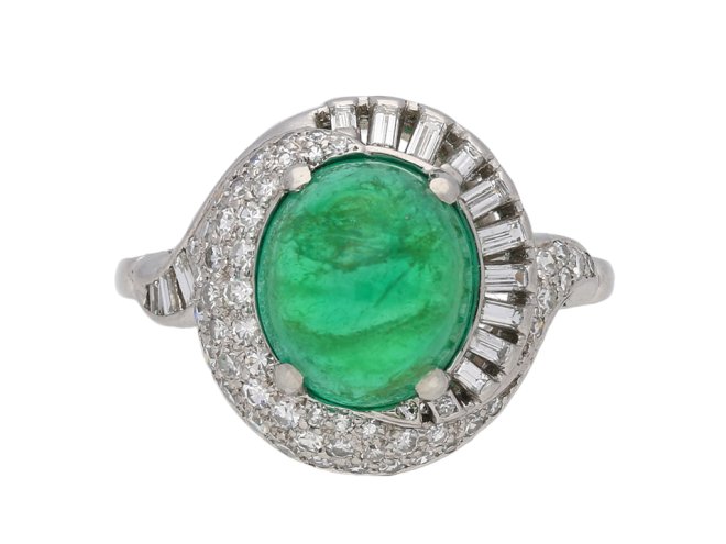 Cabochon Colombian emerald diamond ring berganza hatton garden