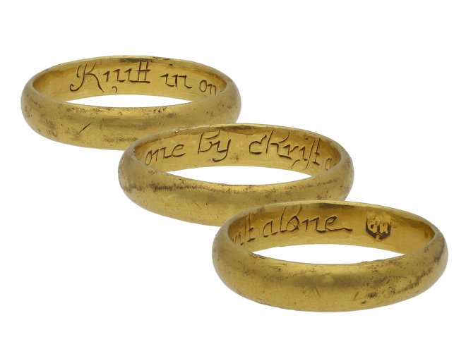 Gold posy ring, 'Knitt in one by christ alone hatton garden