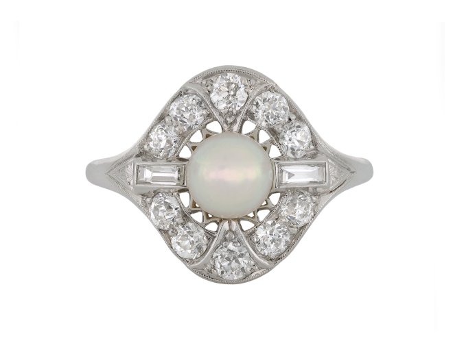 Natural pearl and diamond cluster ring, circa 1920.