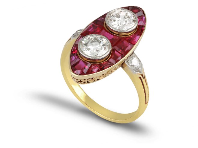 Victorian marquise ruby and diamond ring, circa 1900. 