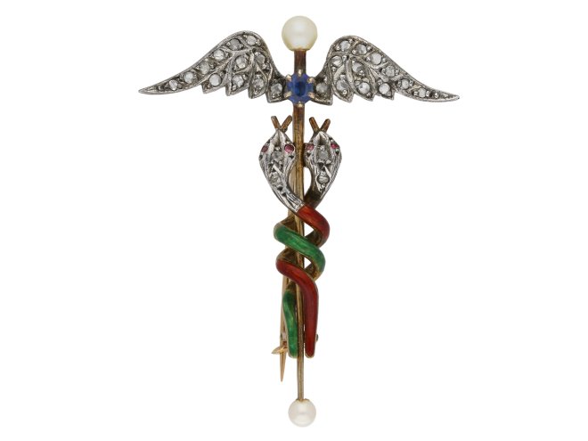 Sapphire, pearl, ruby, caduceus brooch berganza hatton garden