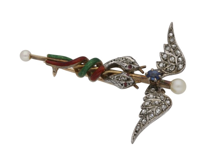 Sapphire, pearl, ruby, caduceus brooch berganza hatton garden