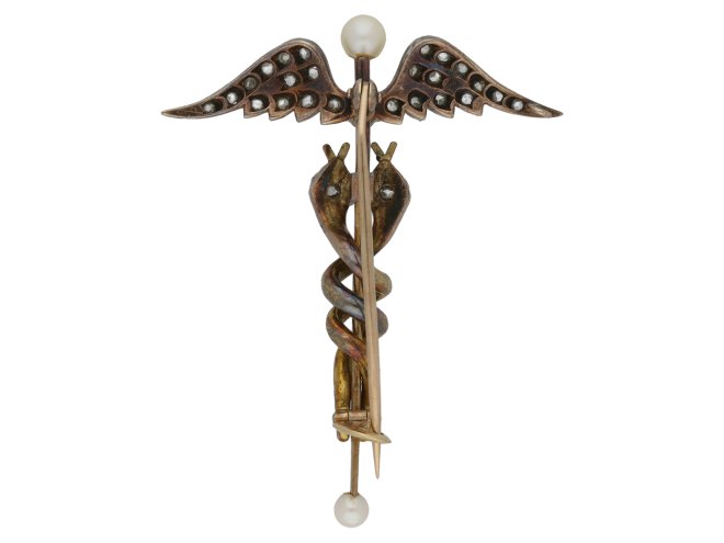 Sapphire, pearl, ruby, caduceus brooch berganza hatton garden