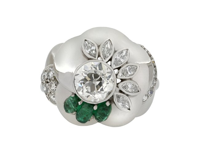 Vintage diamond and emerald flower ring by Seaman Schepps