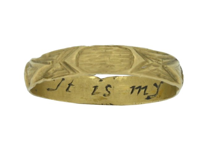 front view Gold posy ring with carved detailing, 'It is my love'