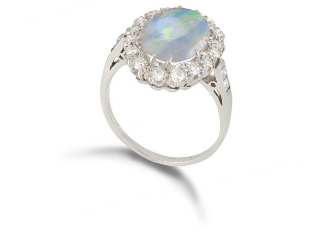 Opal and diamond cluster ring, circa 1920.