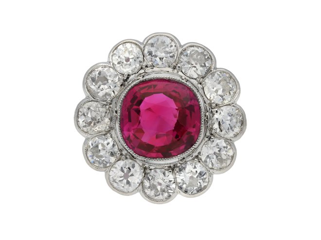 Burmese ruby diamond coronet cluster ring berganza hatton garden