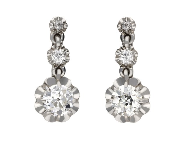 Antique diamond earrings, French, circa 1920. Hatton Garden