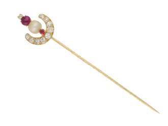 Antique natural pearl, ruby and diamond pin, circa 1900.   