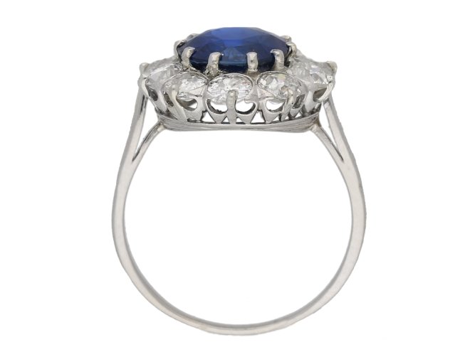 front view  Burmese sapphire and diamond coronet cluster ring, French, circa 1910. berganza hatton garden