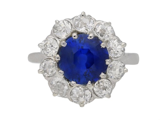 front view  Burmese sapphire and diamond coronet cluster ring, French, circa 1910. berganza hatton garden