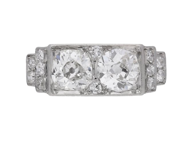 front view Art Deco diamond two stone ring, French, circa 1925.