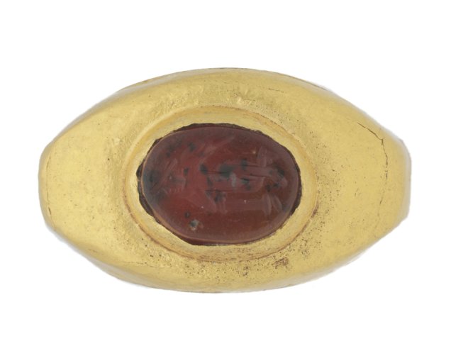 front view Ancient Roman signet ring with cornelian intaglio of Mercury