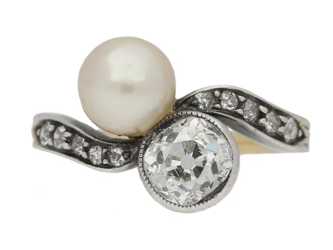 front view Antique diamond and pearl crossover ring, circa 1890. berganza hatton garden